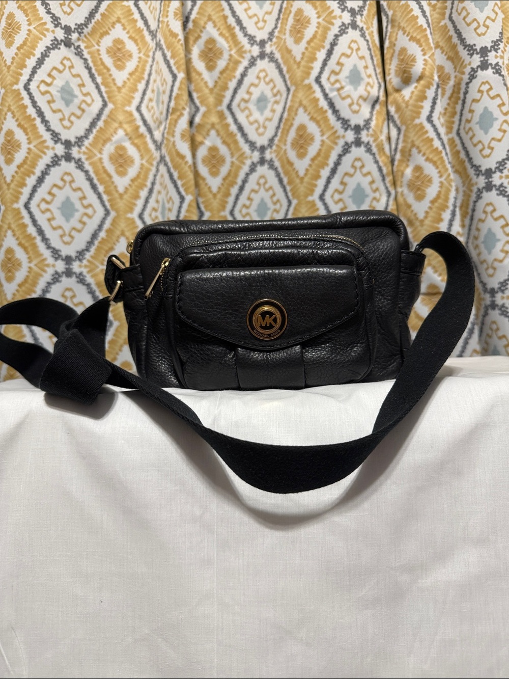 Michael Kors Black Pebbled Leather Crossbody with Gold MK Emblem